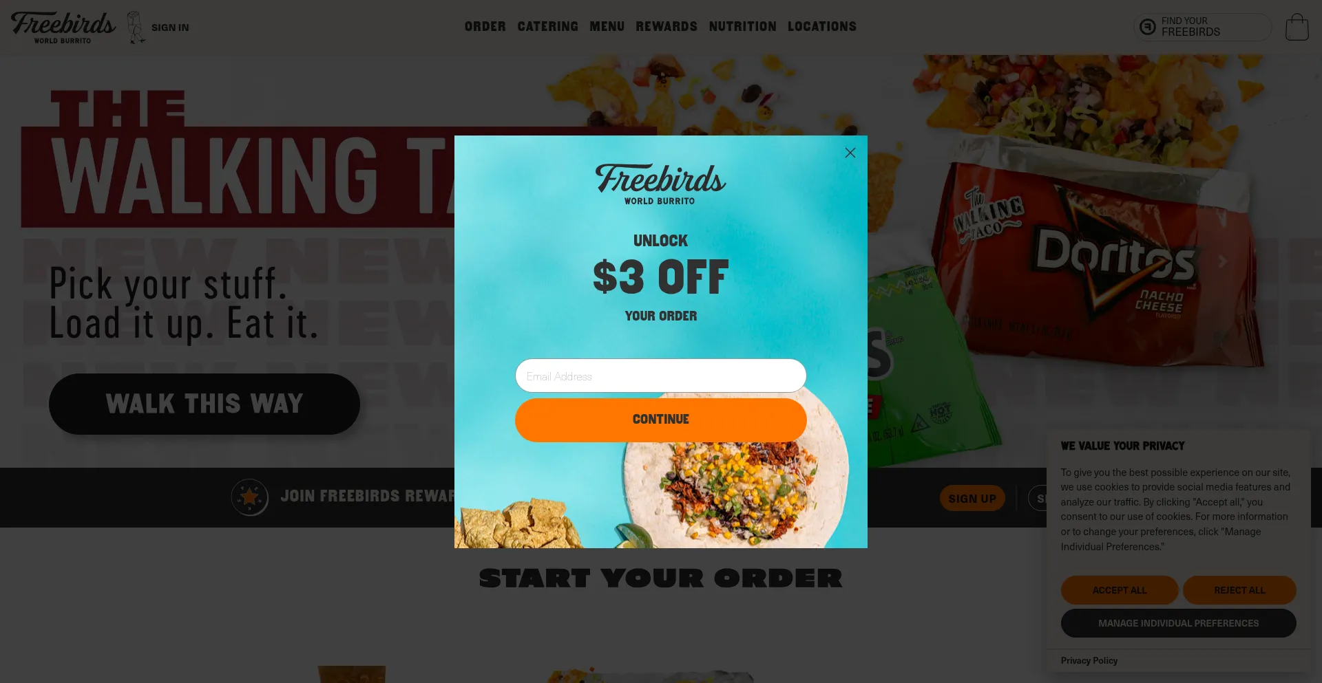 Website screenshot of Freebirds.com