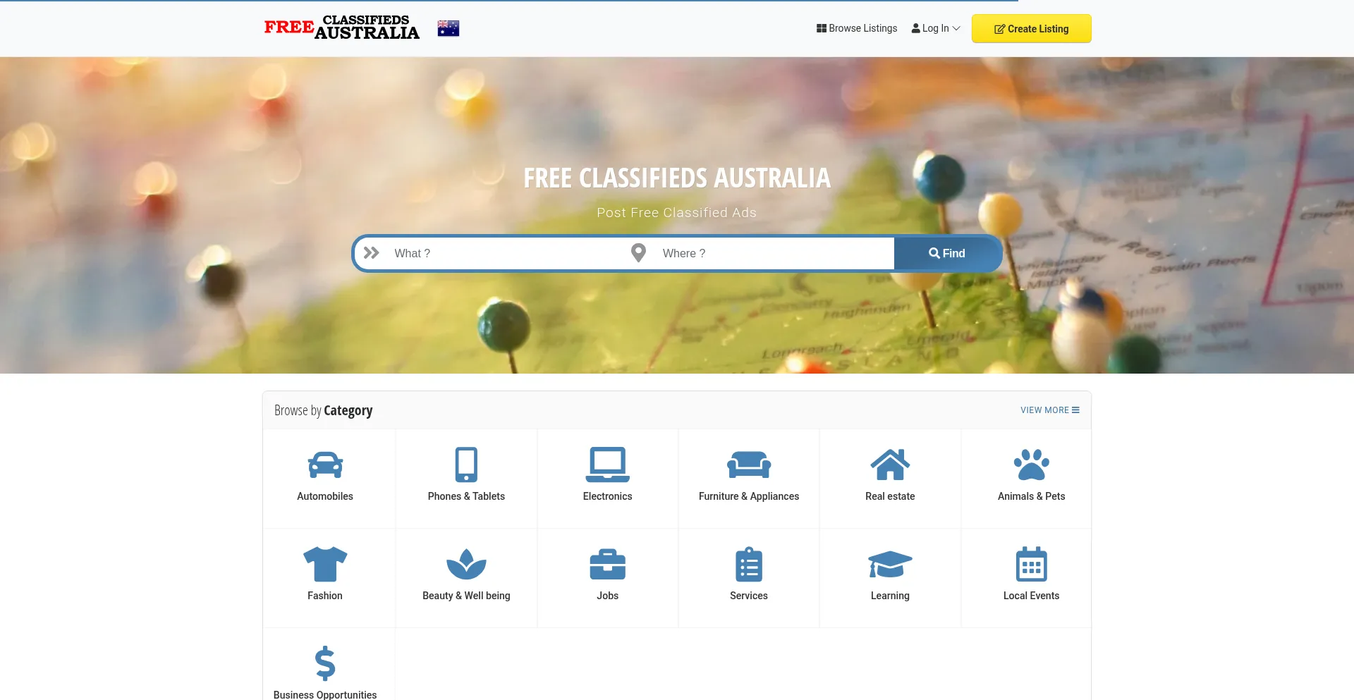 Website screenshot of Freeclassifiedsaustralia.com