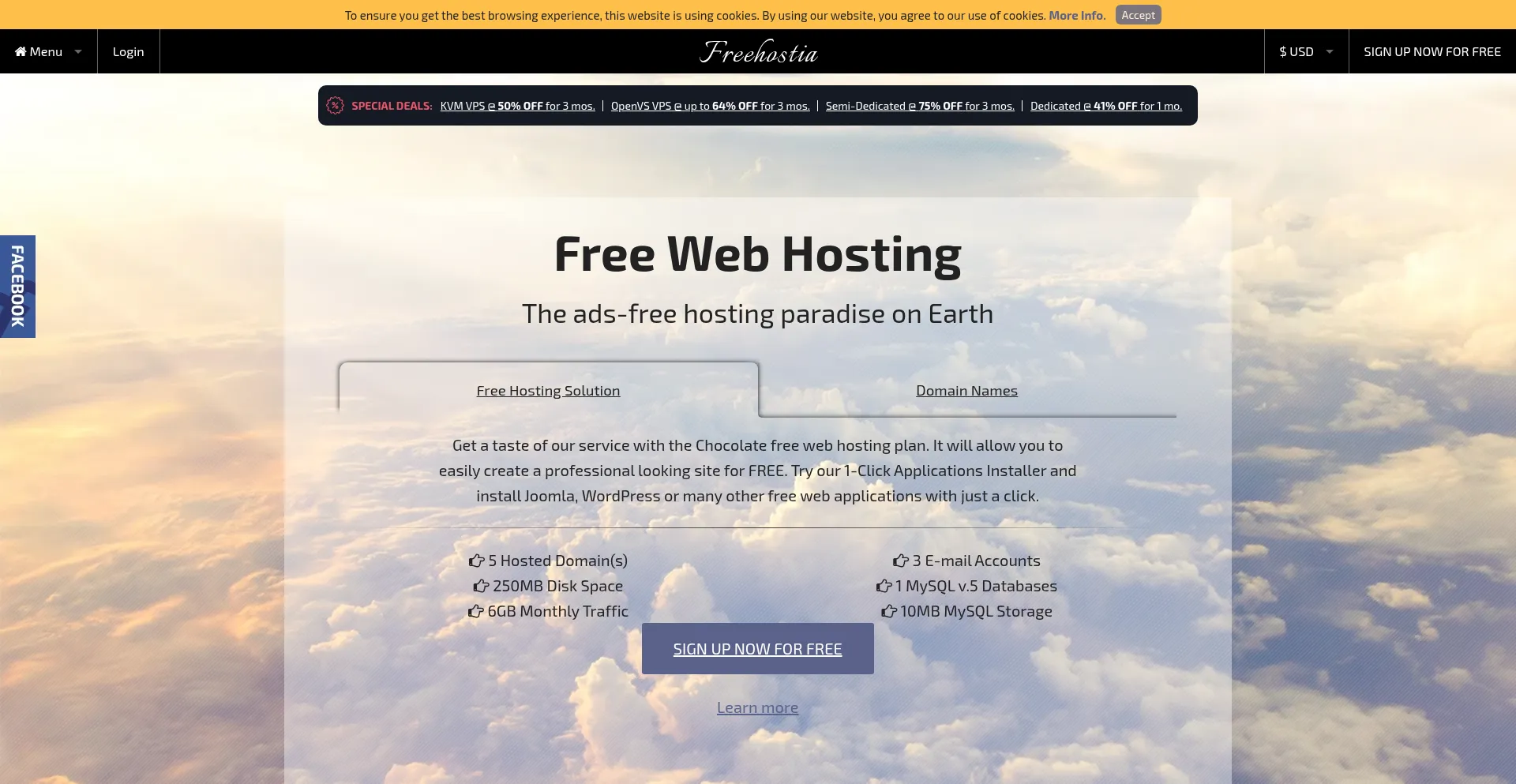 Website screenshot of Freehostia.com
