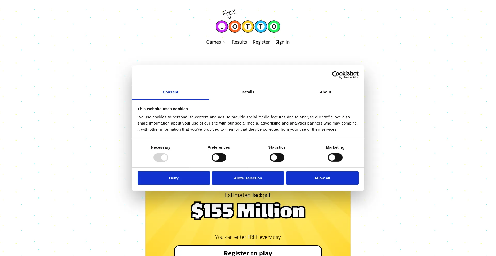 Website screenshot of Freelotto.com