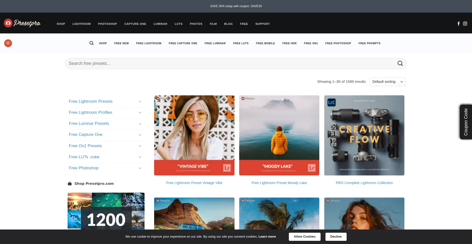 Website screenshot of Freepresets.com