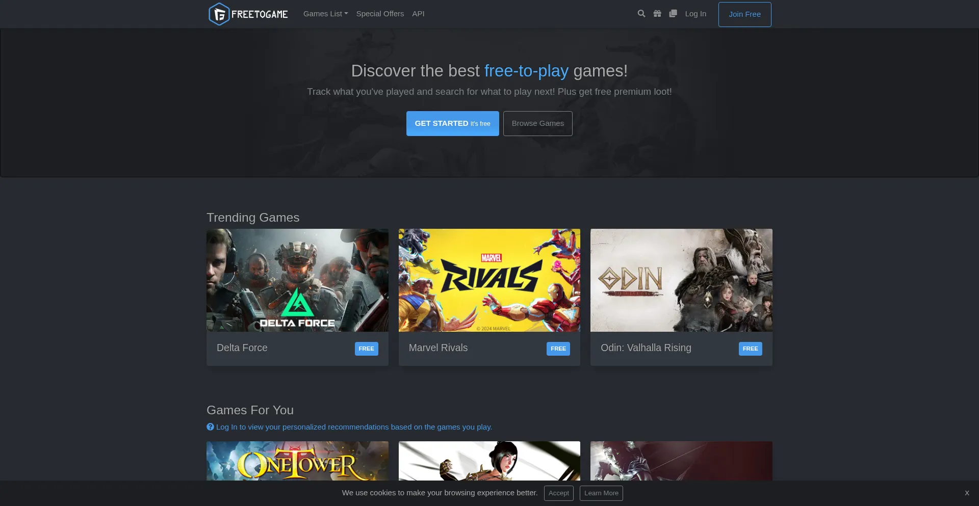 Website screenshot of Freetogame.com