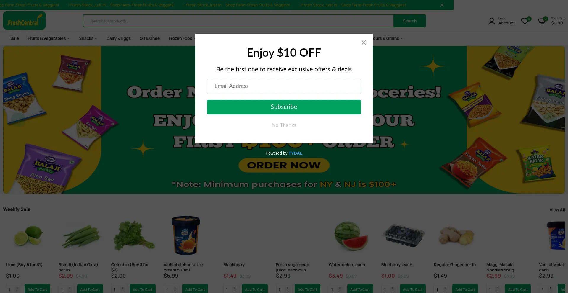 Website screenshot of Freshcentralgrocery.com
