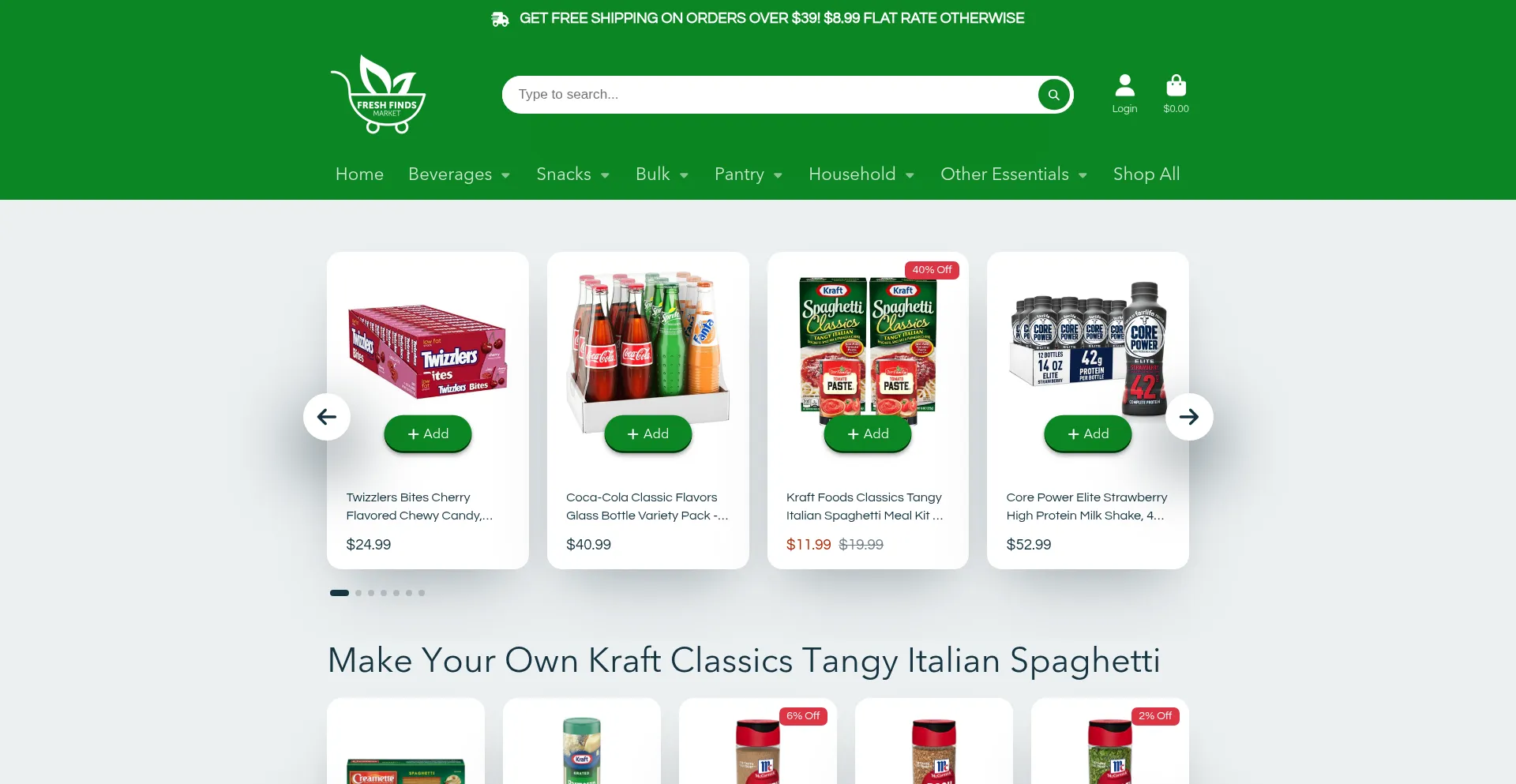Website screenshot of Freshfindsmarket.com