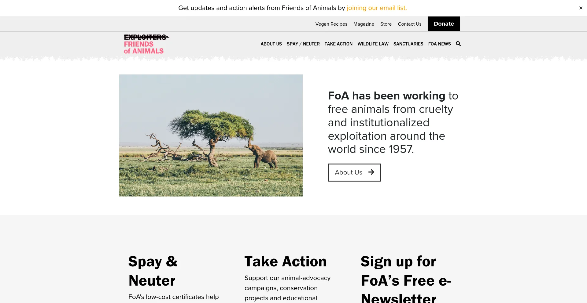 Website screenshot of Friendsofanimals.org