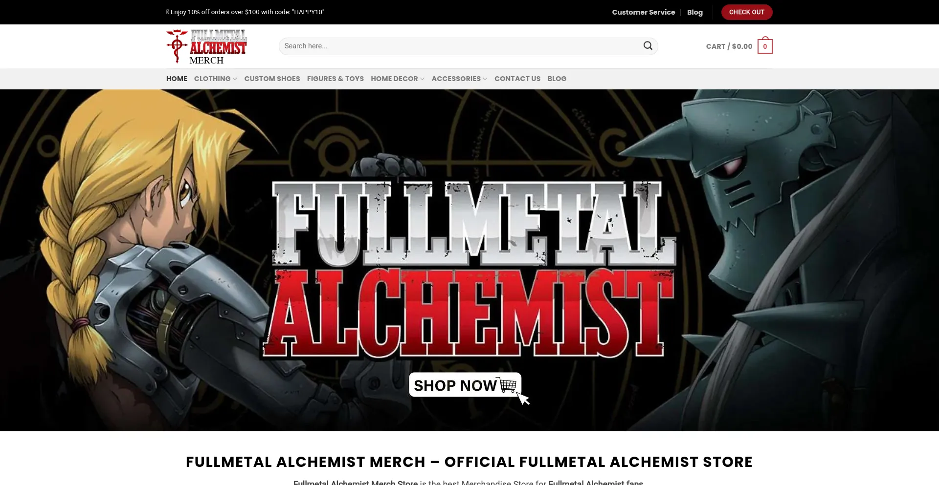 Website screenshot of Fullmetalalchemistmerch.com