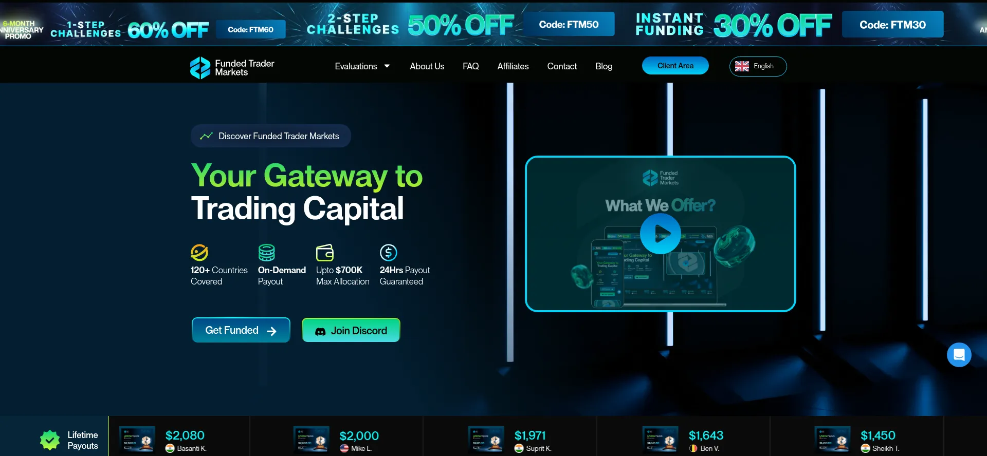 Website screenshot of Fundedtradermarkets.com