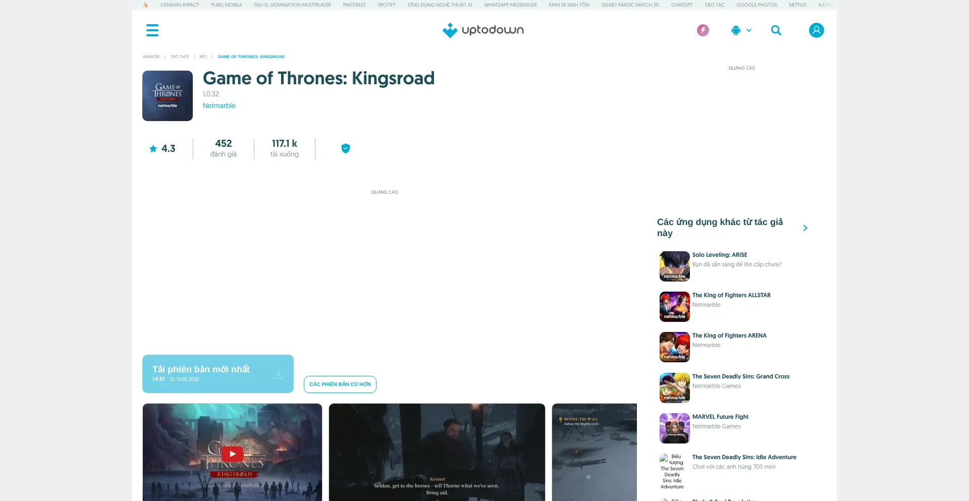 Website screenshot of Game-of-thrones-kingsroad.vi.uptodown.com