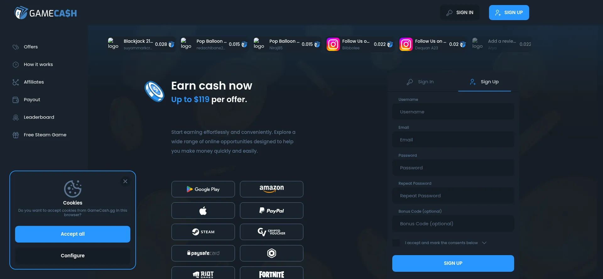 Website screenshot of Gamecash.gg