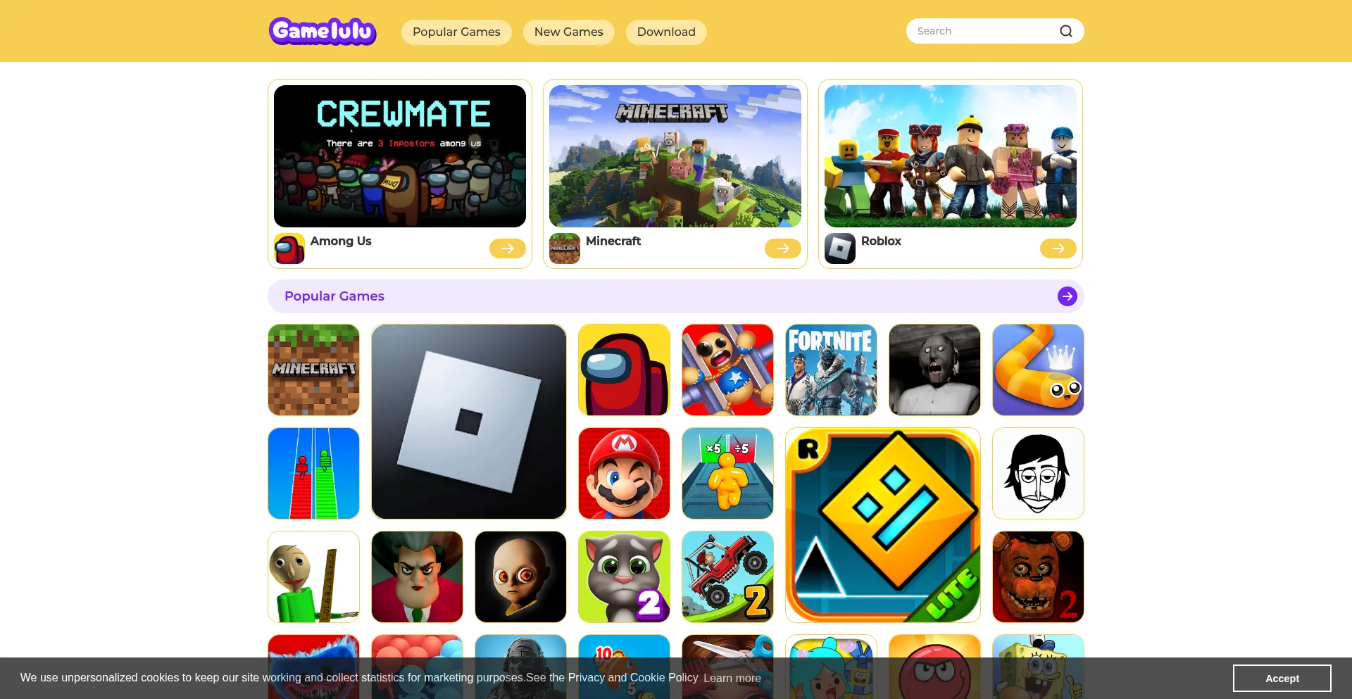 Website screenshot of Gamelulu.com