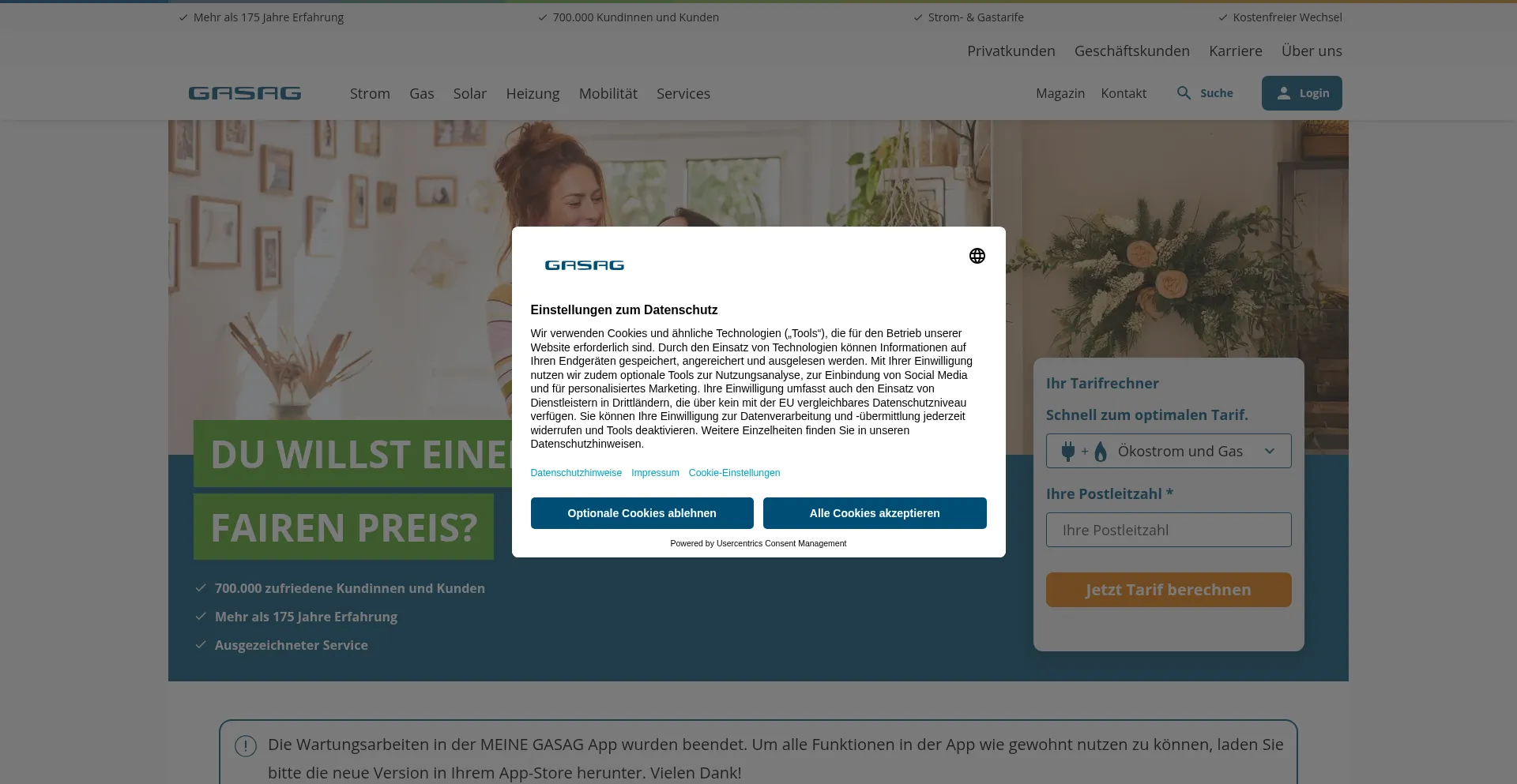 Website screenshot of Gasag.de