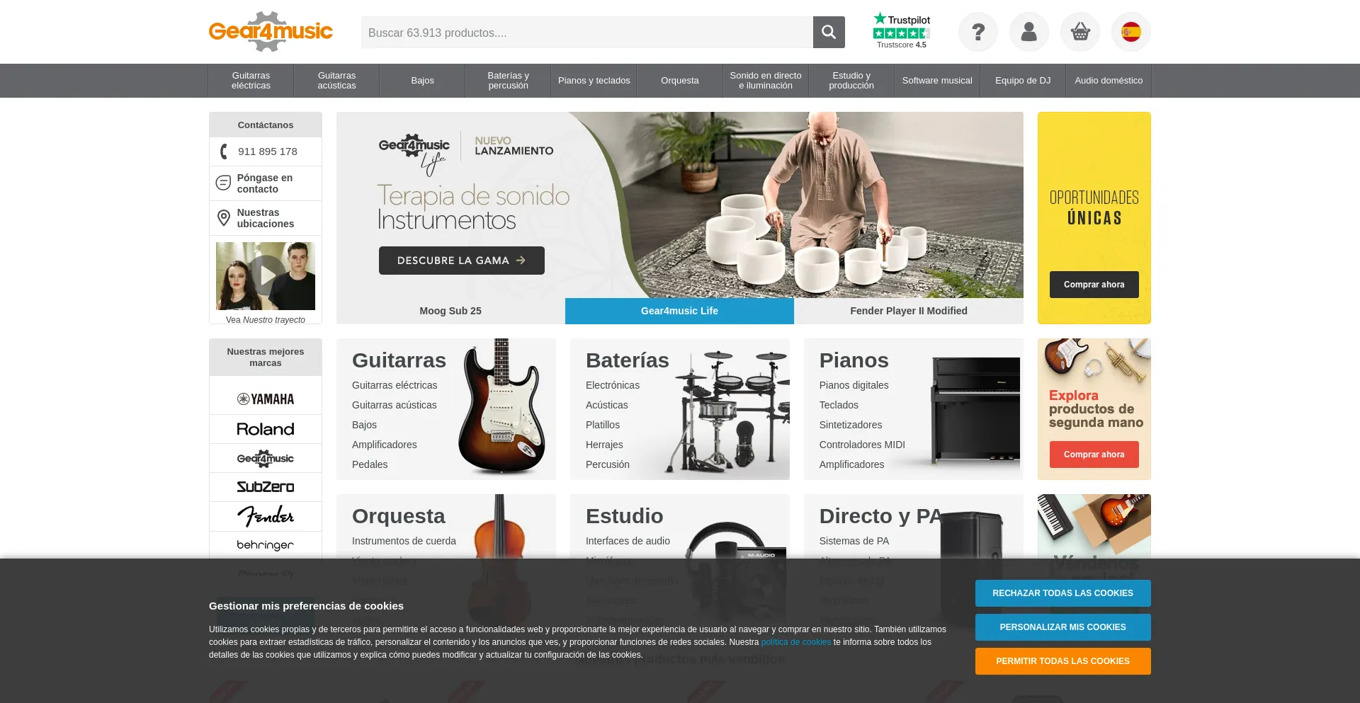 Website screenshot of Gear4music.es