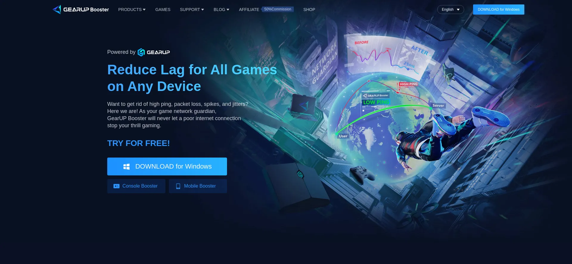 Website screenshot of Gearupbooster.com