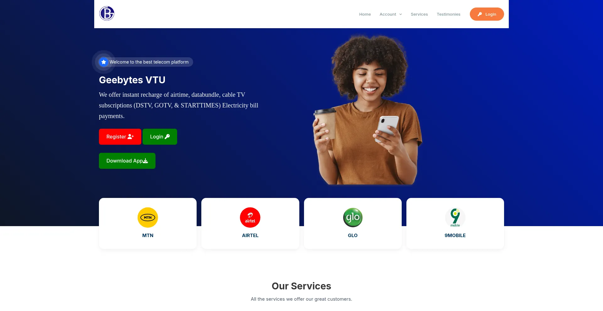 Website screenshot of Geebytesvtu.com.ng