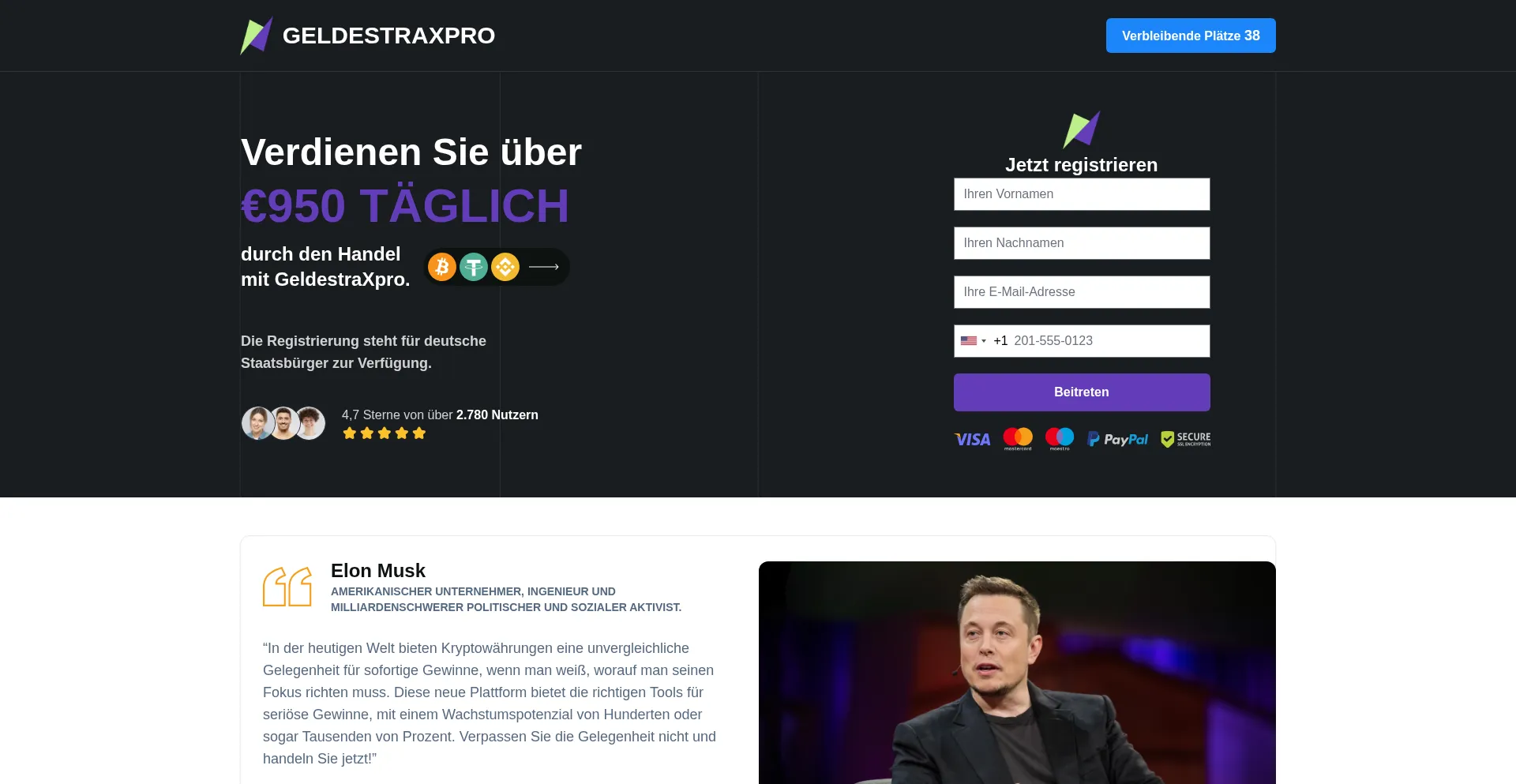 Website screenshot of Geldestraxpro.com