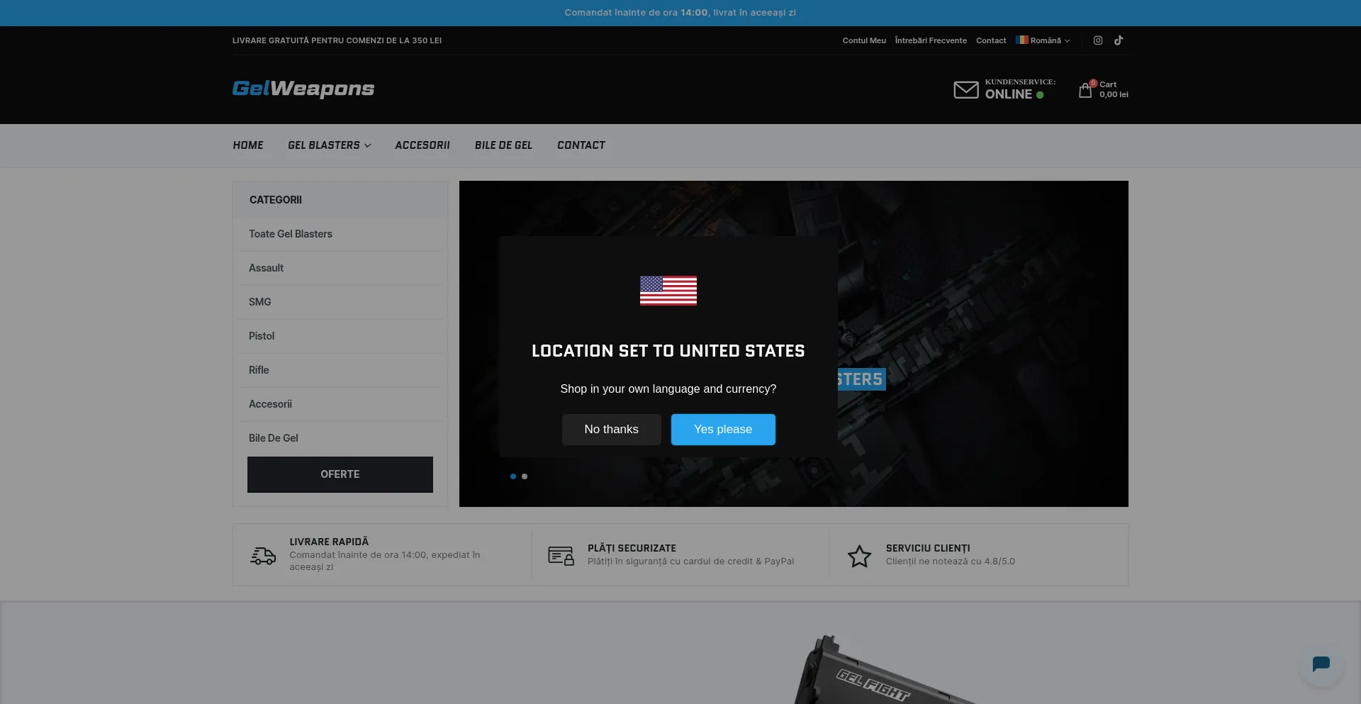Website screenshot of Gelweapons.ro