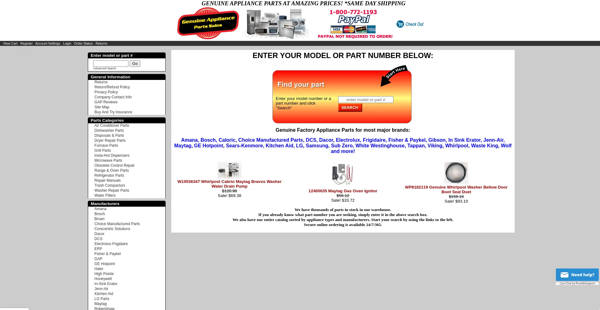 Website screenshot of Genuineapplianceparts.com
