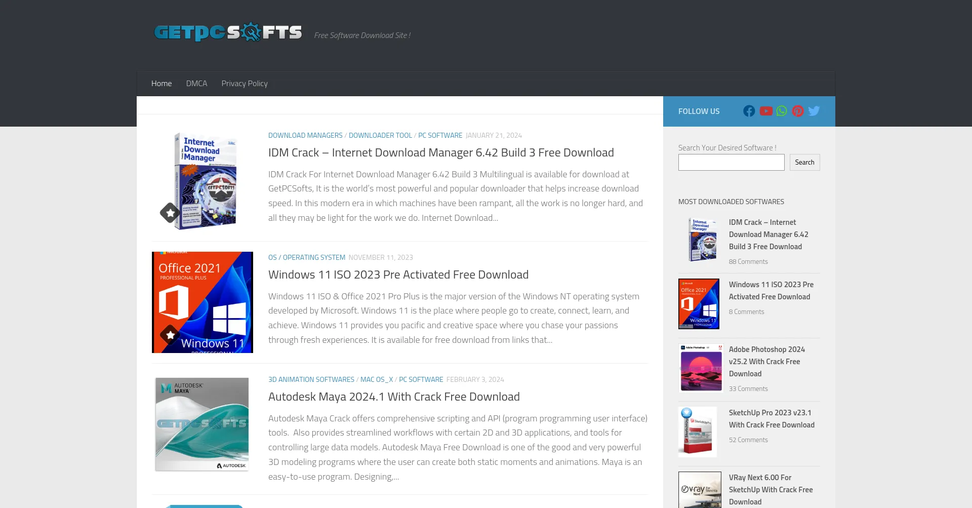 Website screenshot of Getpcsofts.net
