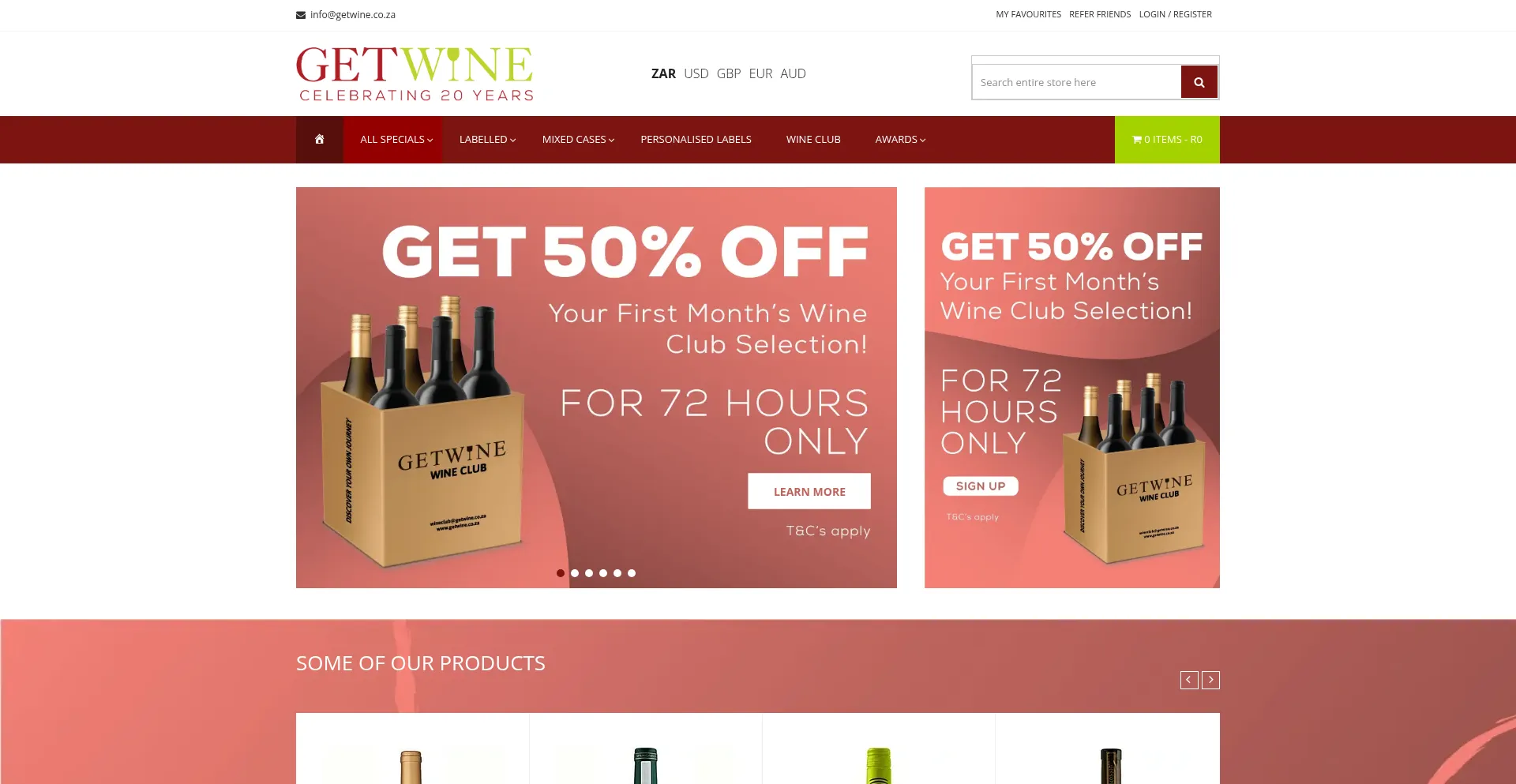 Website screenshot of Getwine.co.za