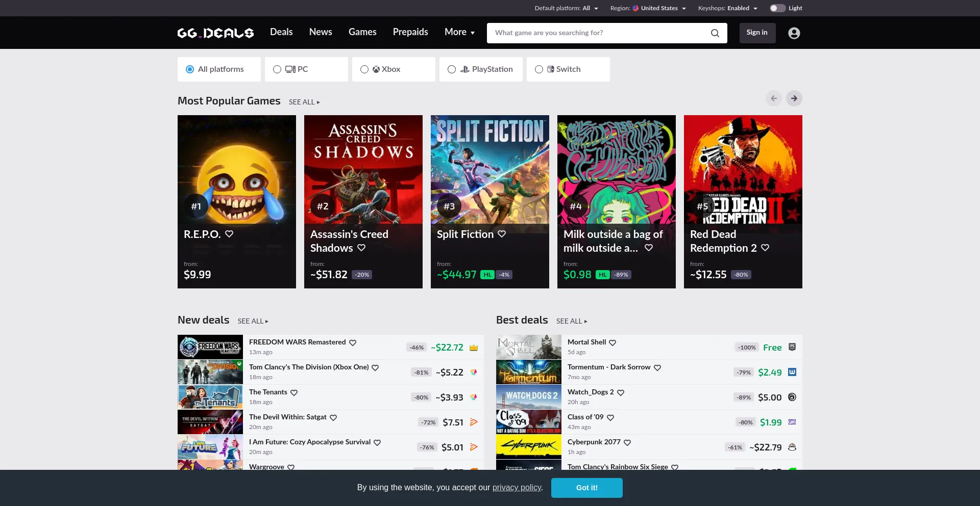 Website screenshot of Gg.deals
