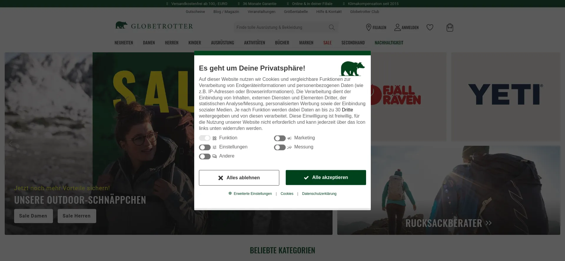 Website screenshot of Globetrotter.de