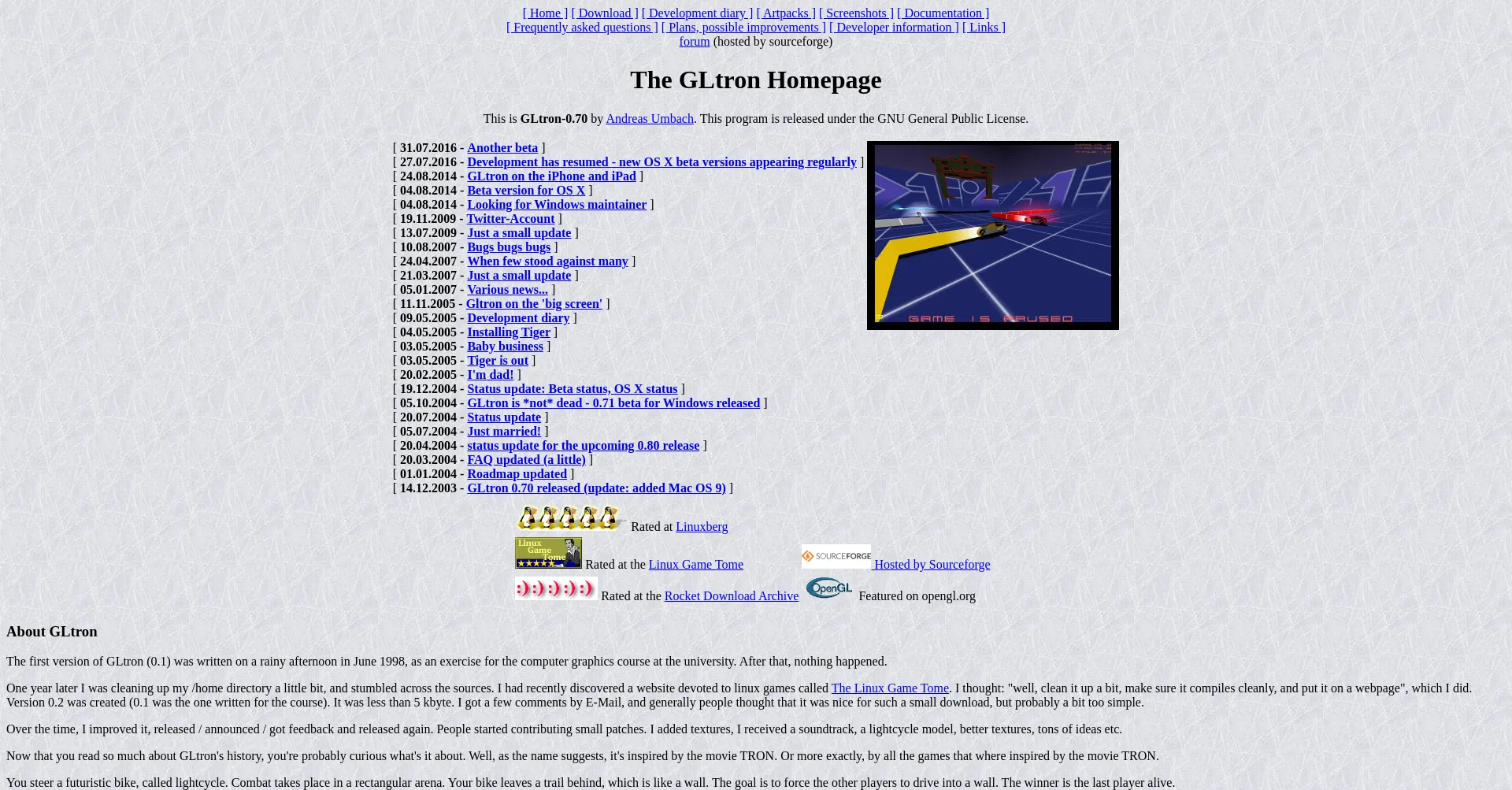 Website screenshot of Gltron.org