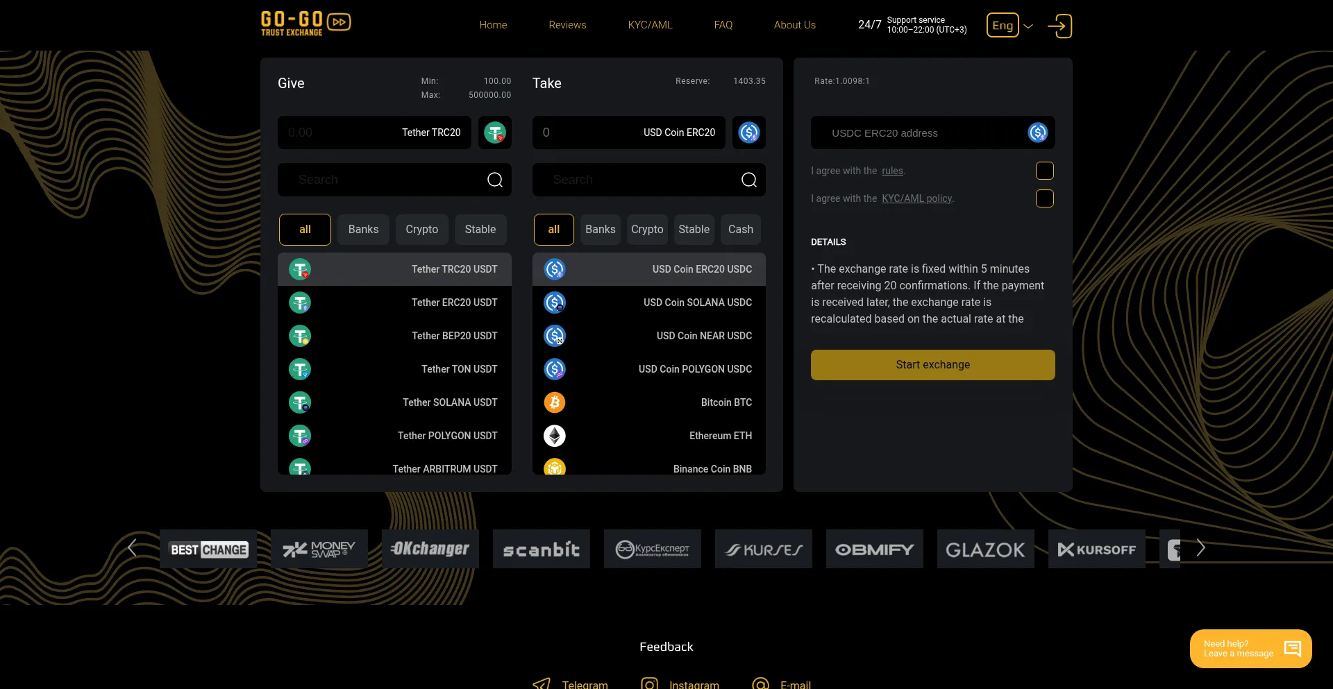 Website screenshot of Go-go.exchange