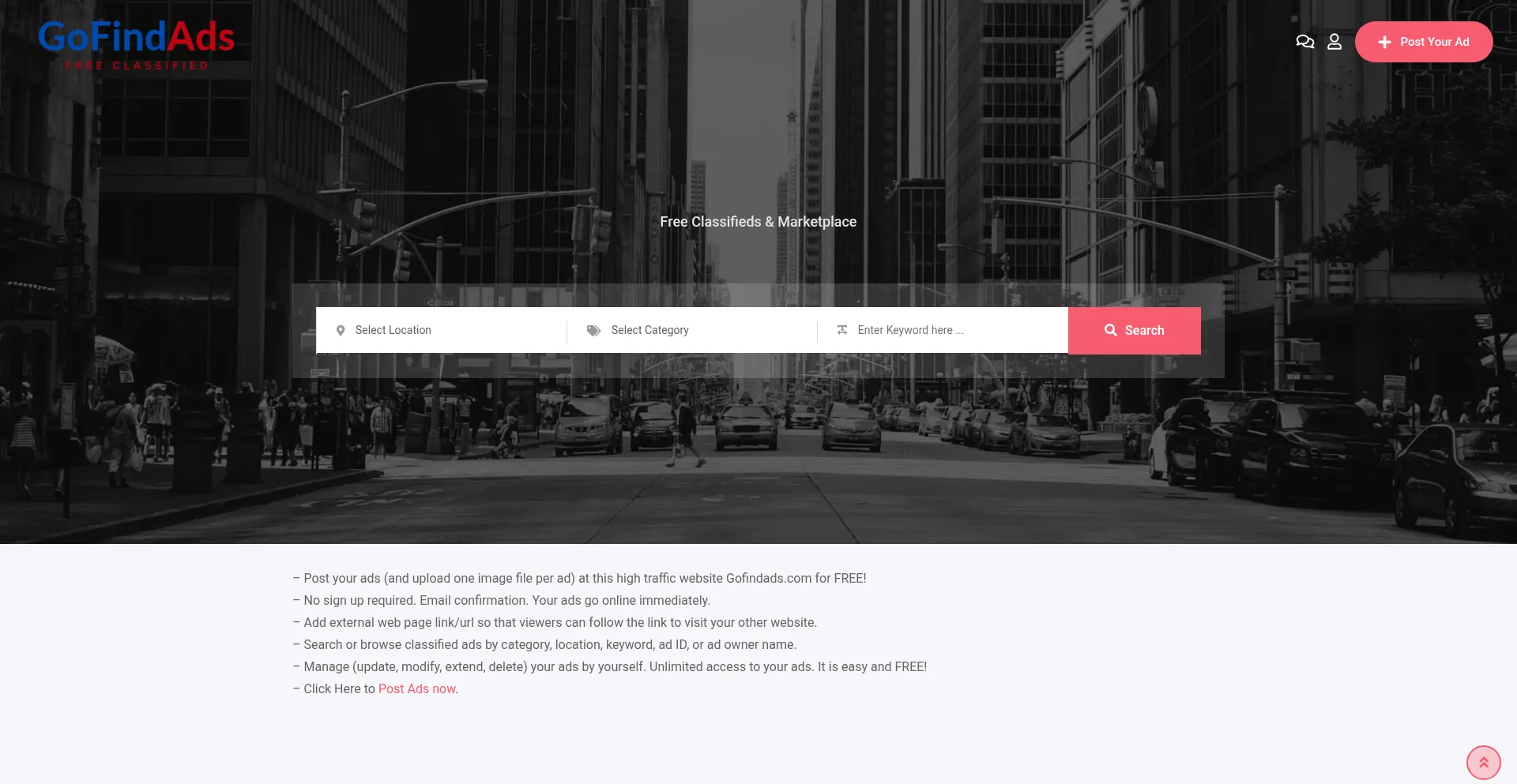 Website screenshot of Gofindads.com