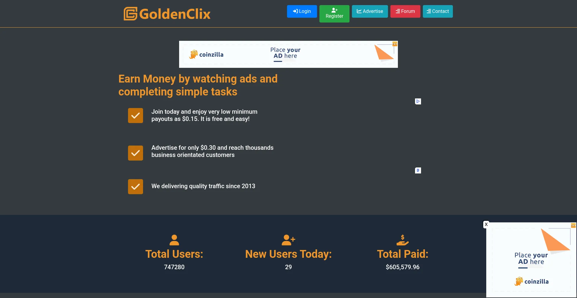Website screenshot of Goldenclix.com
