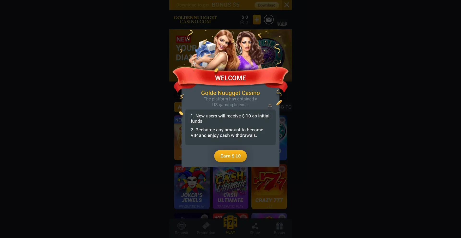 Website screenshot of Goldenuuggetcasino.com