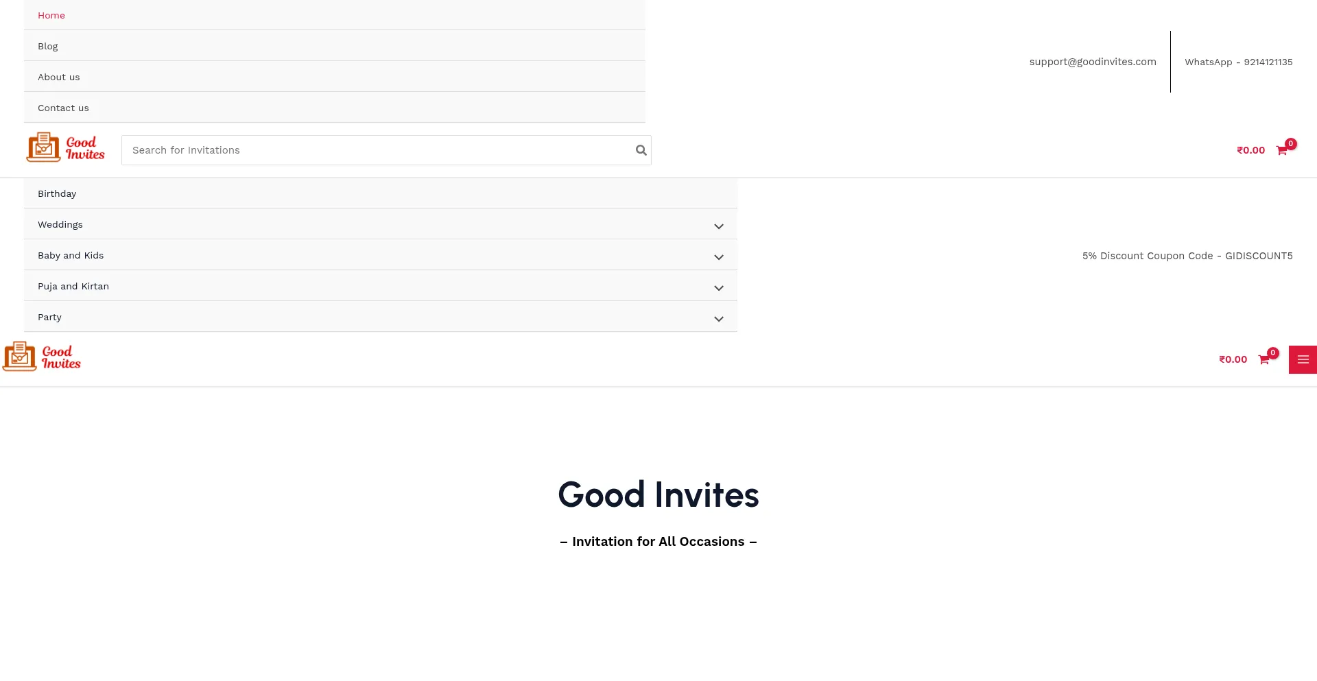 Website screenshot of Goodinvites.com