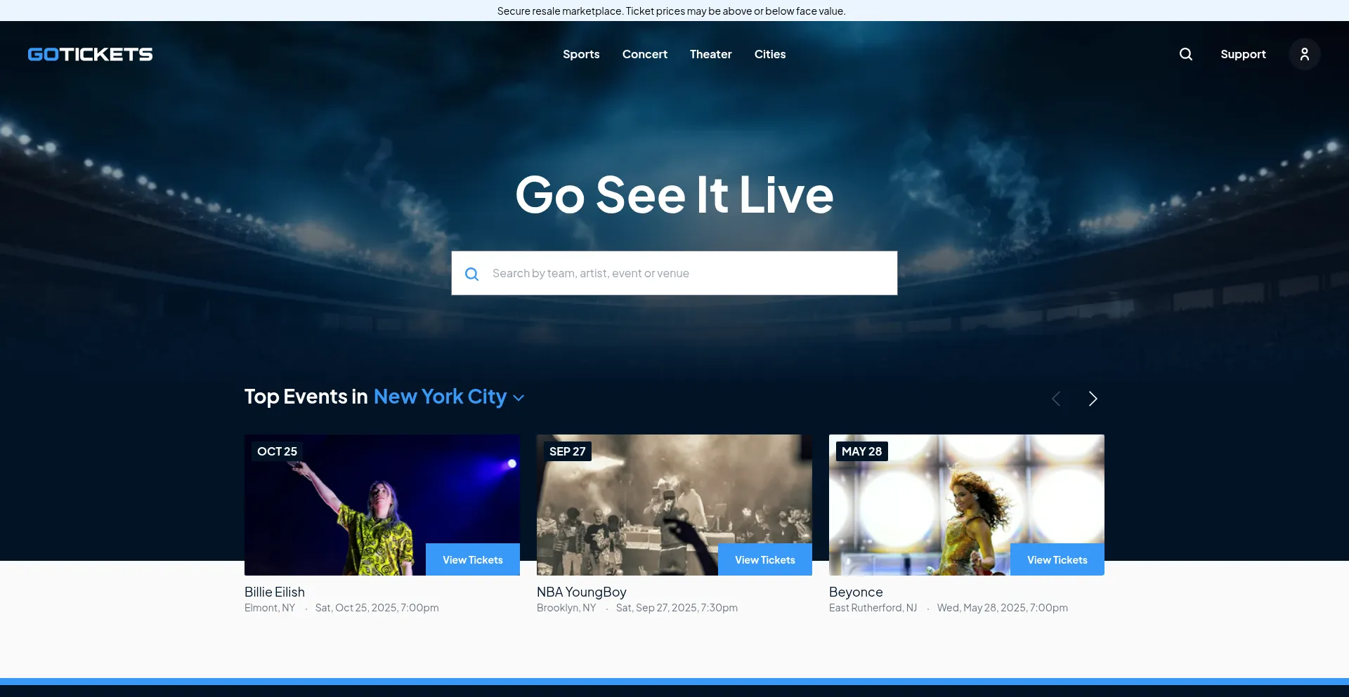 Website screenshot of Gotickets.com