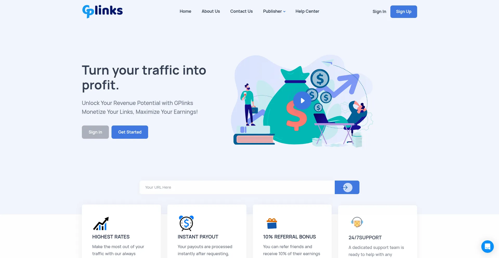Website screenshot of Gplinks.com