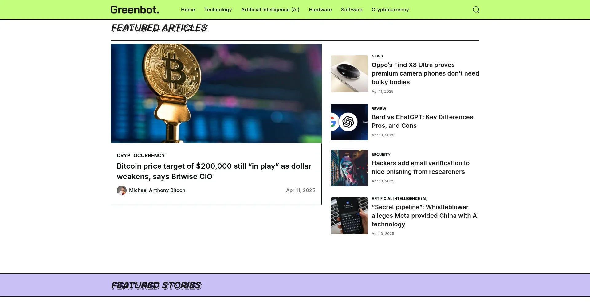 Website screenshot of Greenbot.com