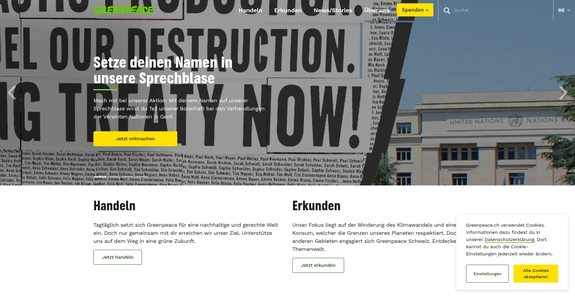 Website screenshot of Greenpeace.ch