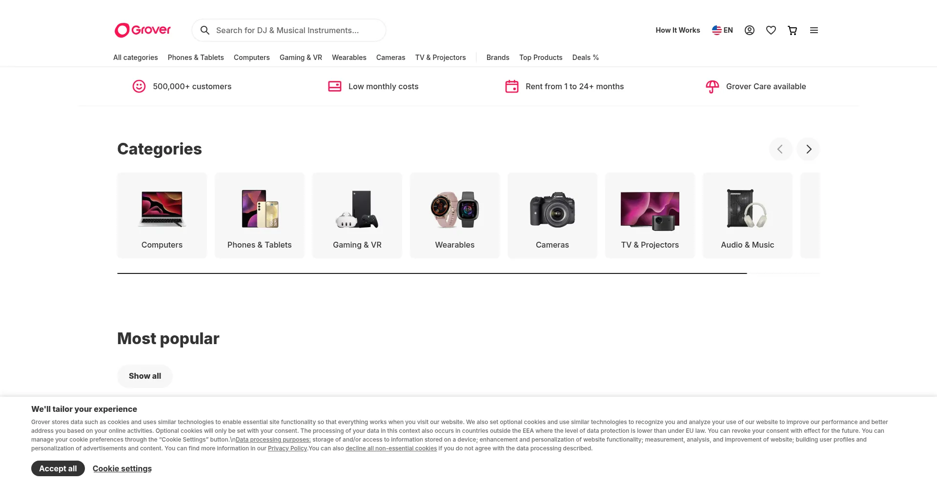 Website screenshot of Grover.com