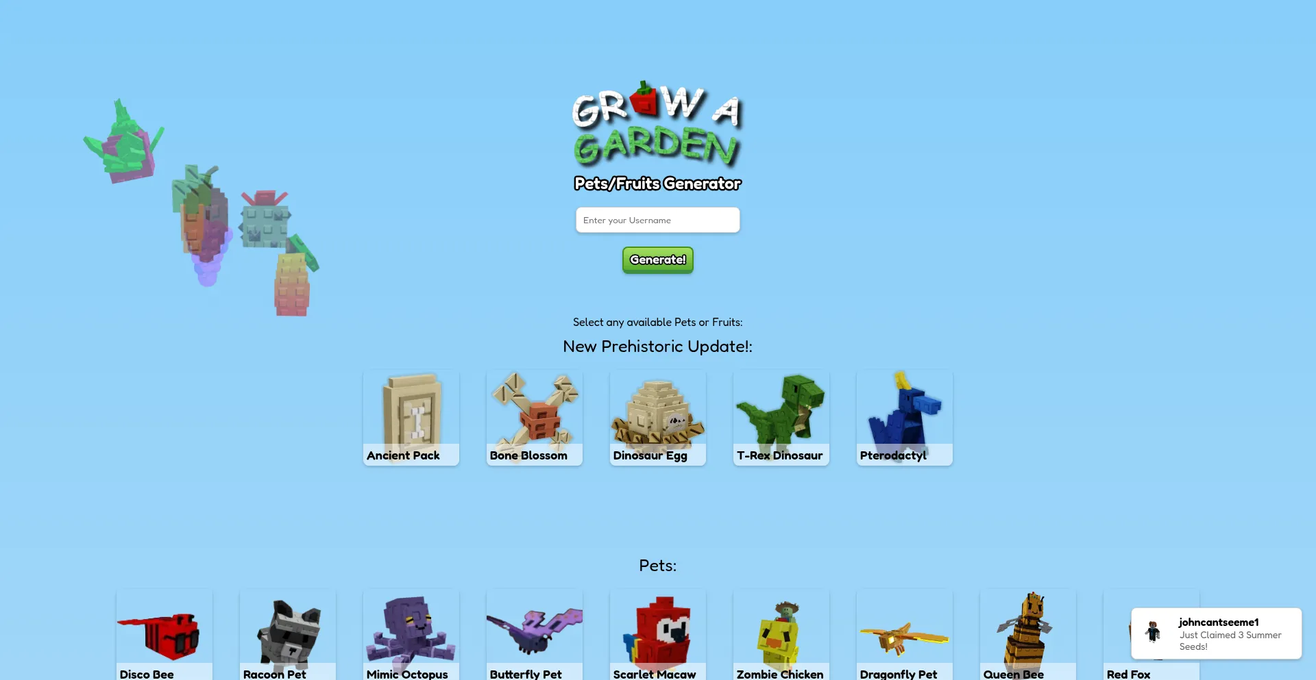 Website screenshot of Growagardengenerator.dev
