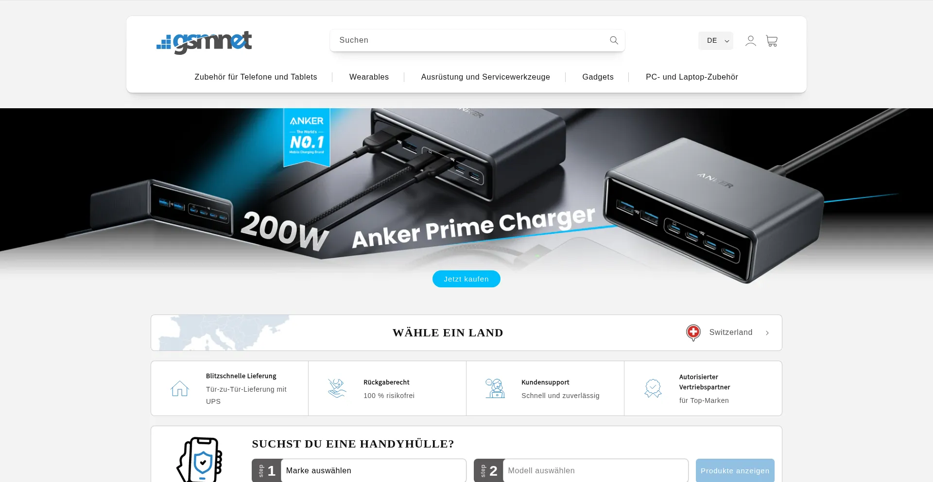 Website screenshot of Gsmnetshop.ch