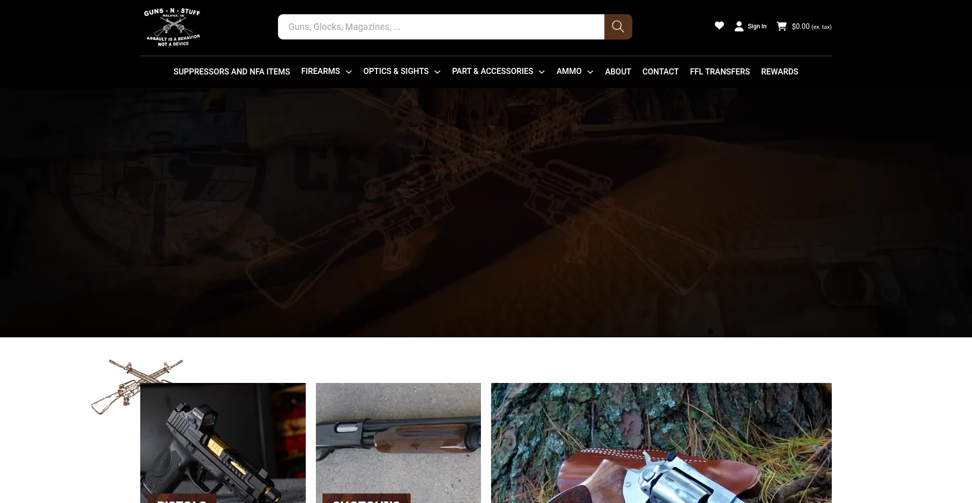 Website screenshot of Gunsnstuffva.com