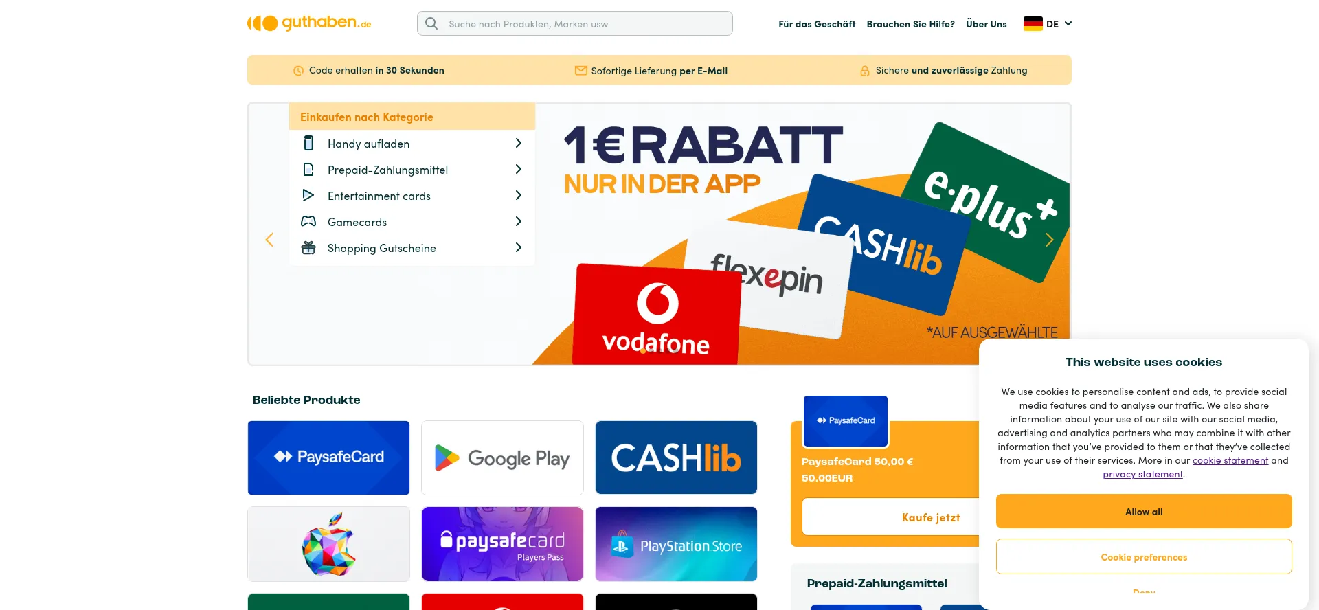 Website screenshot of Guthaben.de