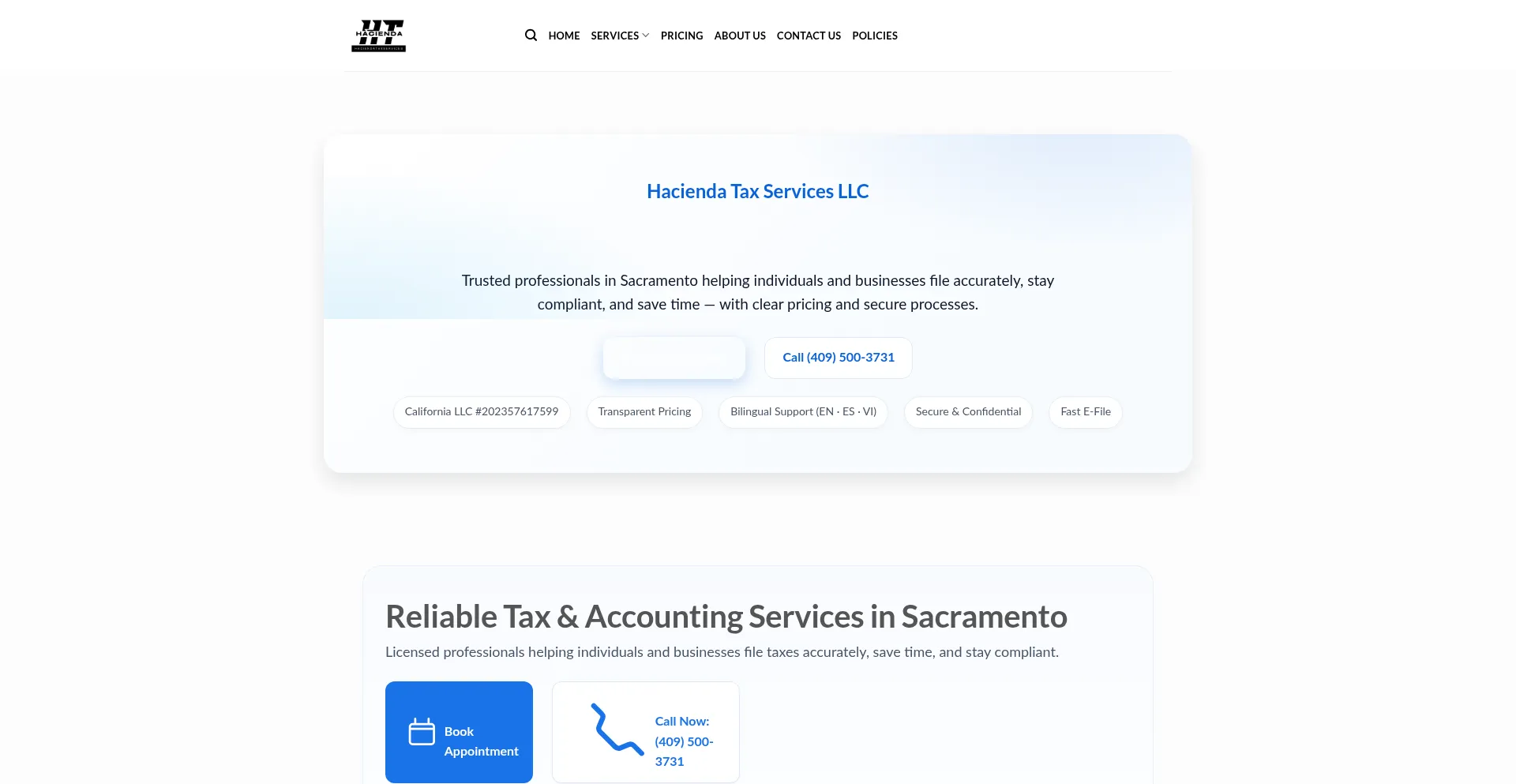 Website screenshot of Haciendataxservices.us