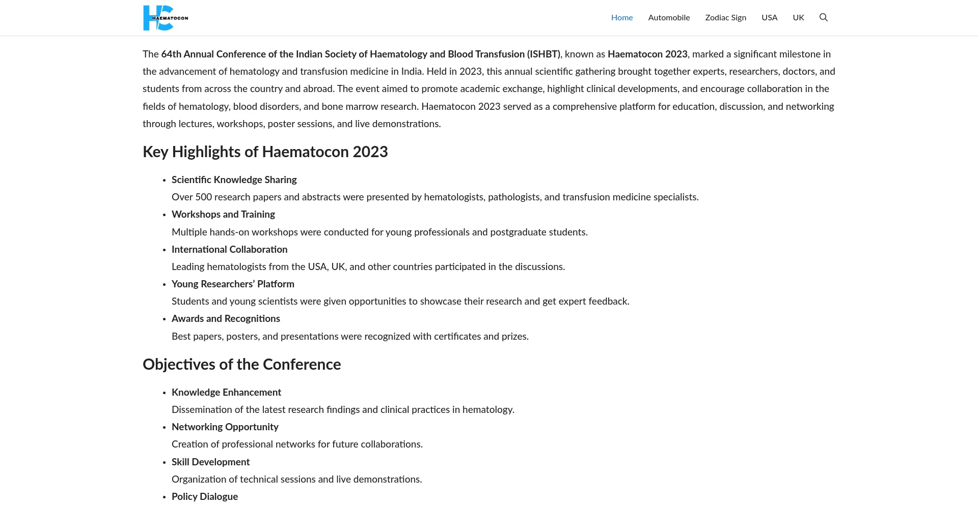 Website screenshot of Haematocon2023.com