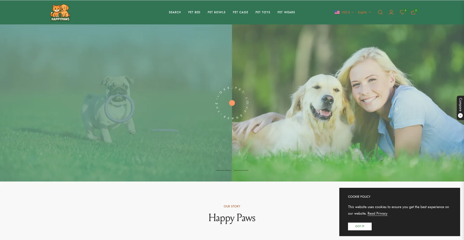 Website screenshot of Happaws.myshopify.com