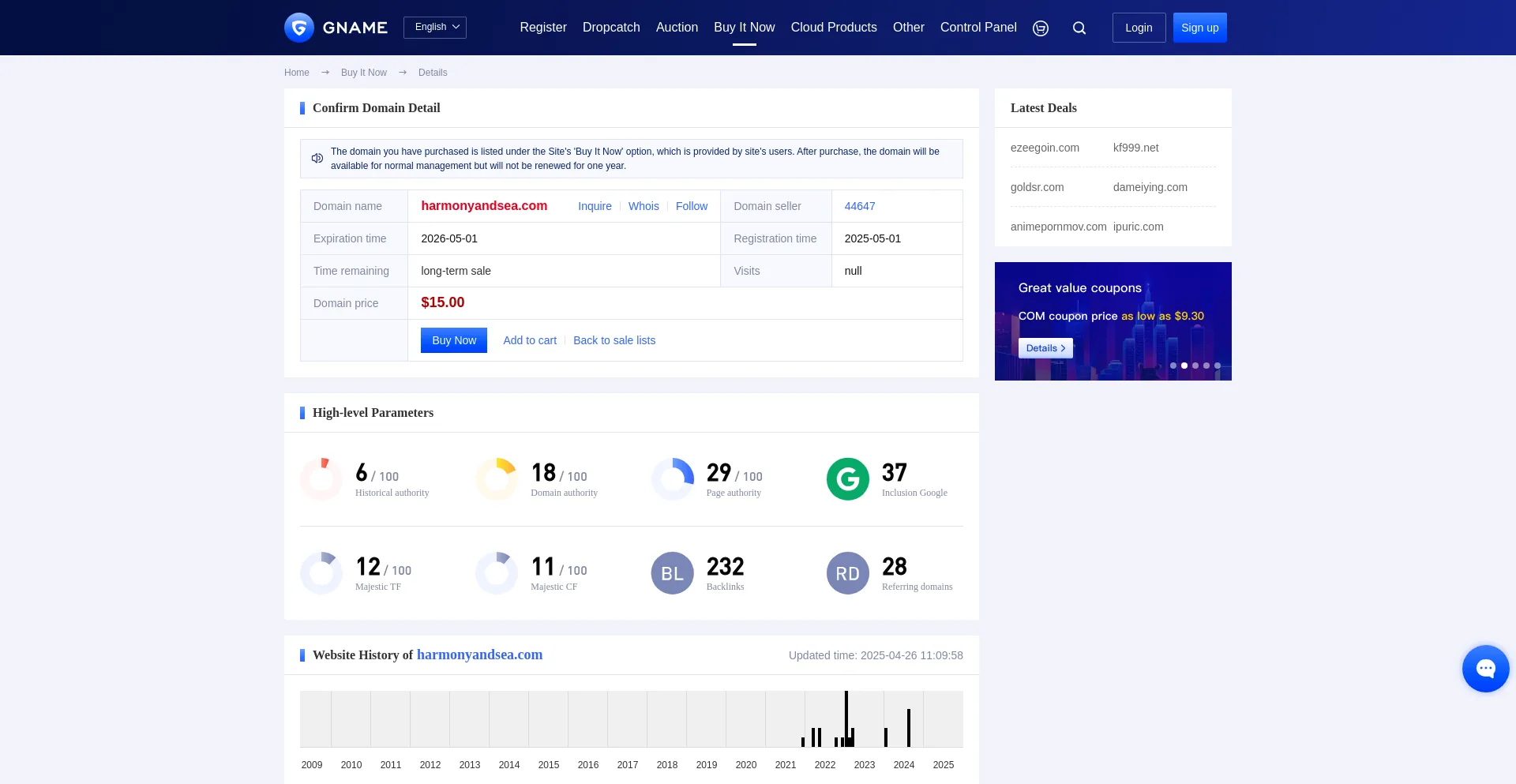 Website screenshot of Harmonyandsea.com