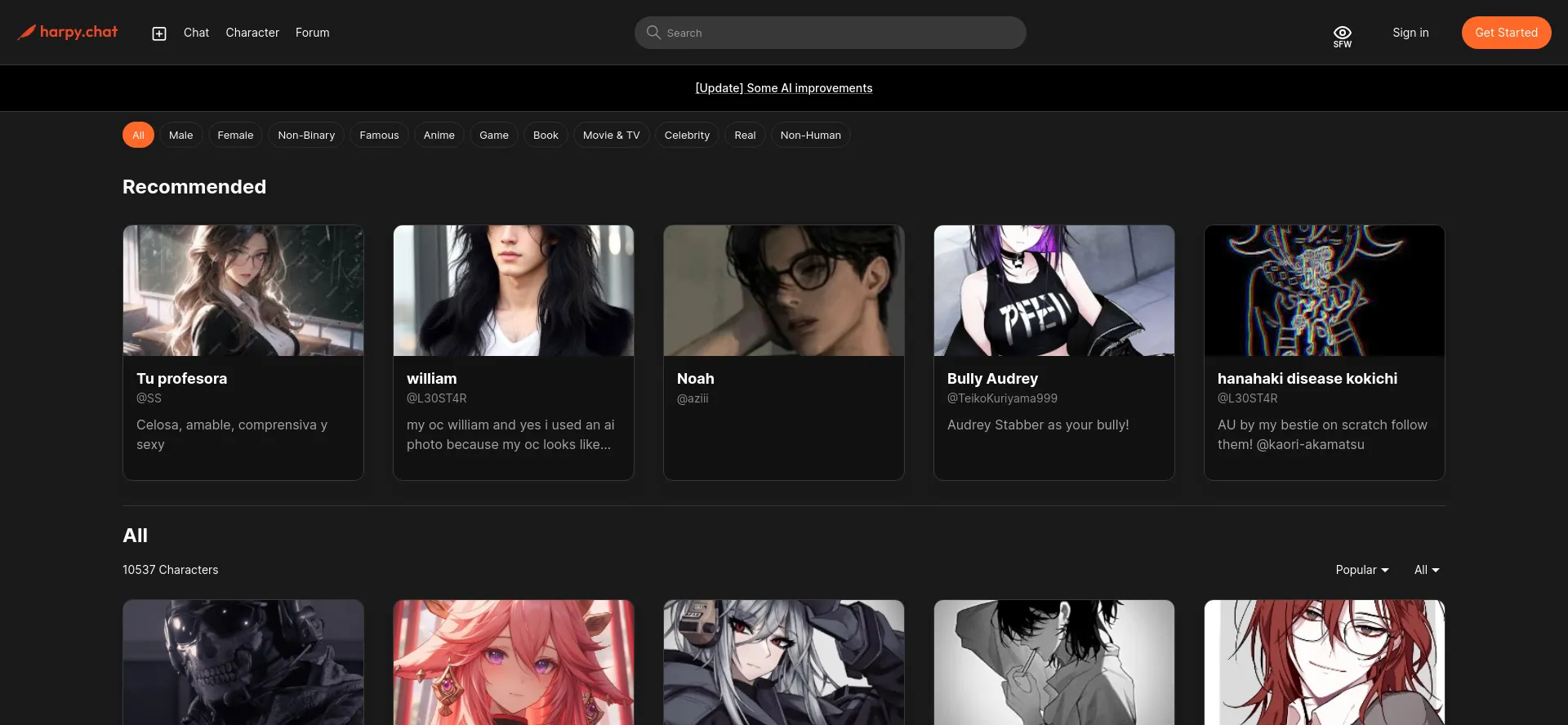 Website screenshot of Harpy.chat