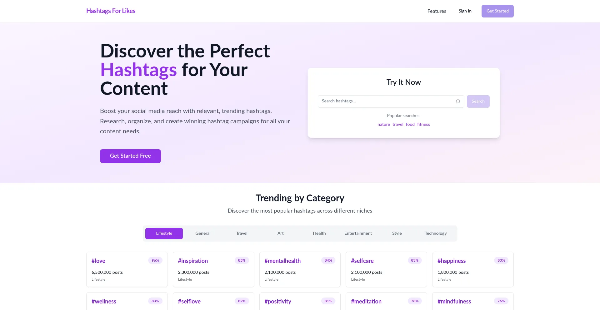 Website screenshot of Hashtagsforlikes.co