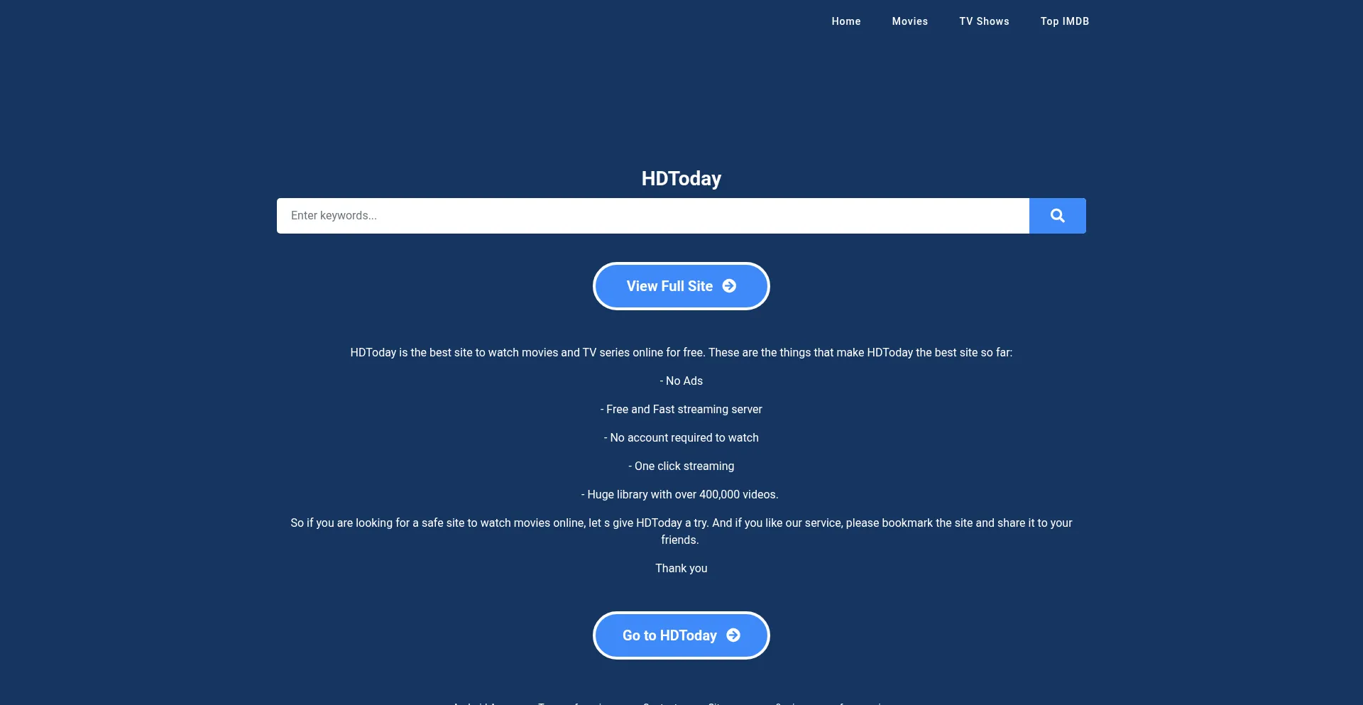 Website screenshot of Hdtoday.to