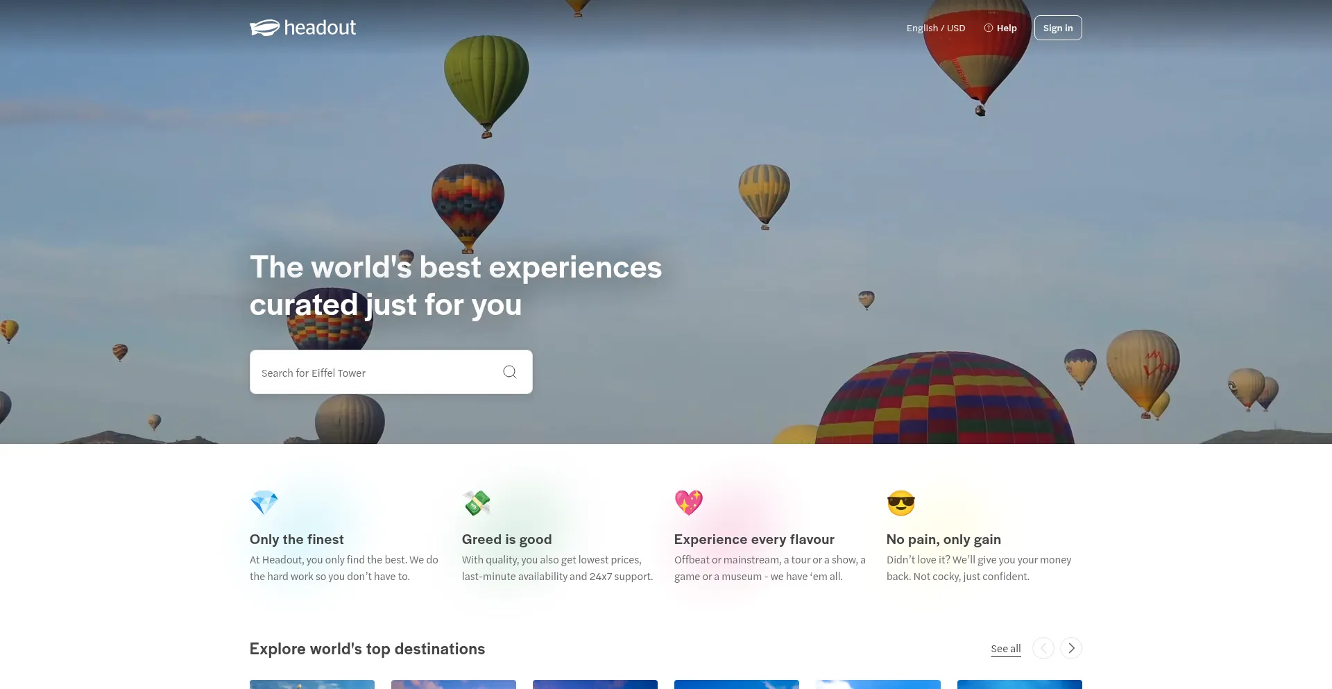 Website screenshot of Headout.com