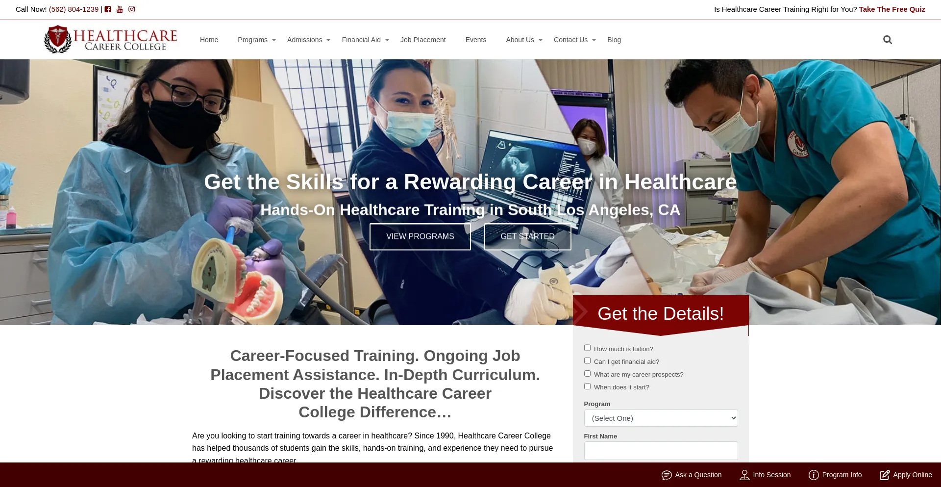 Website screenshot of Healthcarecareercollege.edu