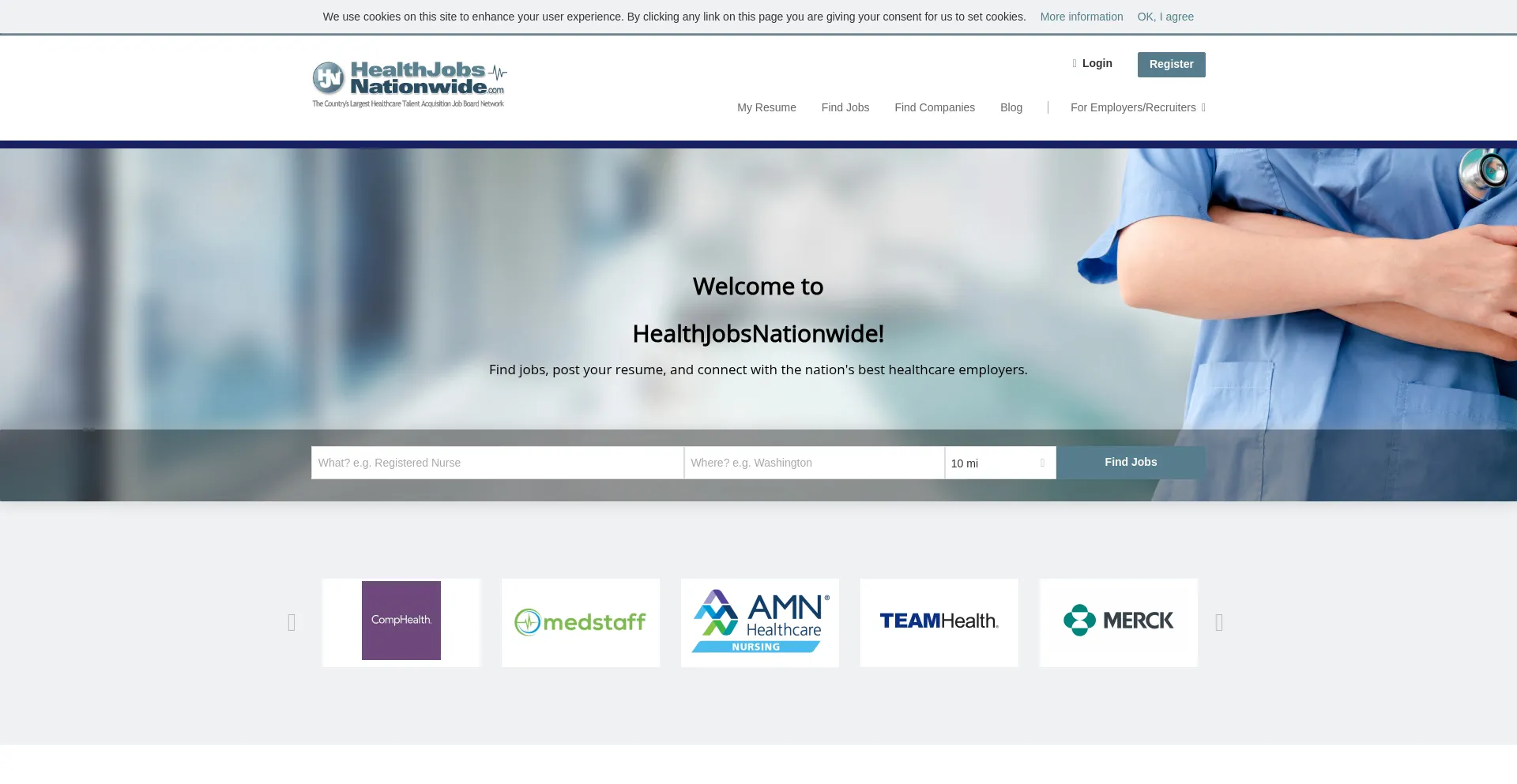 Website screenshot of Healthjobsnationwide.com